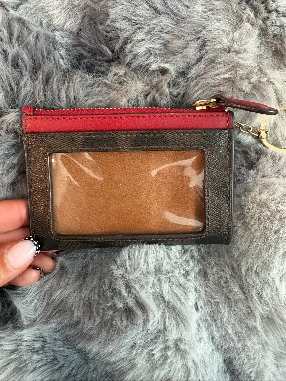 Coach Brown Signature Card Case with Red Trim and Gold Key Ring